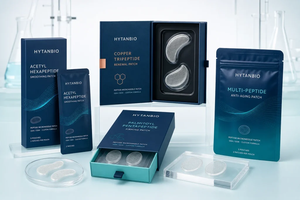 HYTANBIO anti-aging peptide microneedle patch packaging concepts in cartons, sachets, blister trays and premium boxes