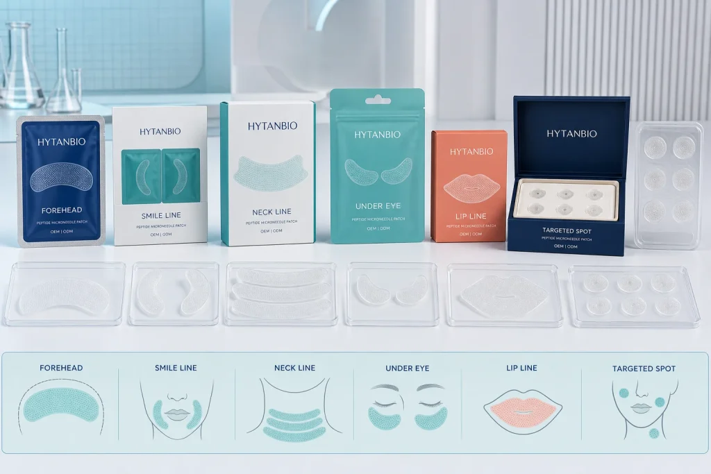 HYTANBIO forehead, smile line, under-eye, neck, lip line and targeted spot microneedle patch shapes