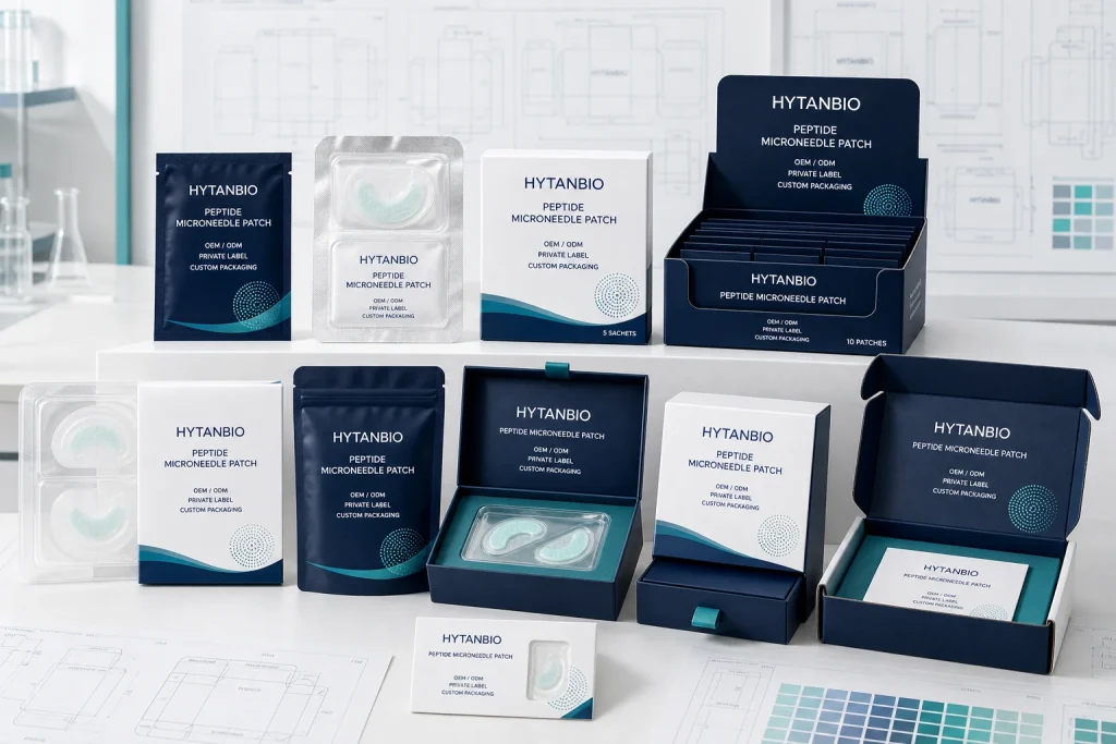 HYTANBIO peptide microneedle patch OEM packaging including sachets, cartons, blisters, pouches, display boxes and premium kits