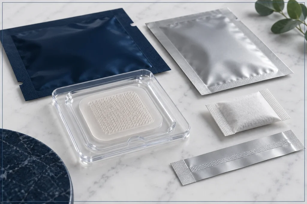 Illustrative moisture-barrier pouch and tray packaging for a microneedle patch