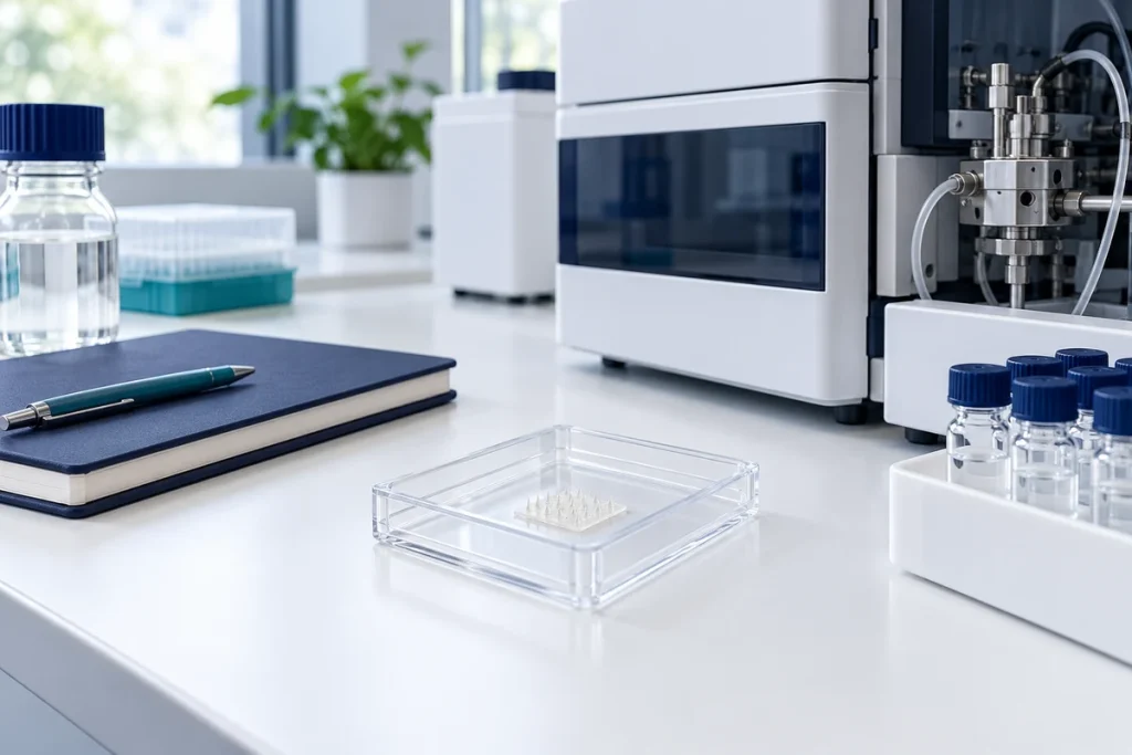 Illustrative analytical lab setup with a dissolving microneedle patch array
