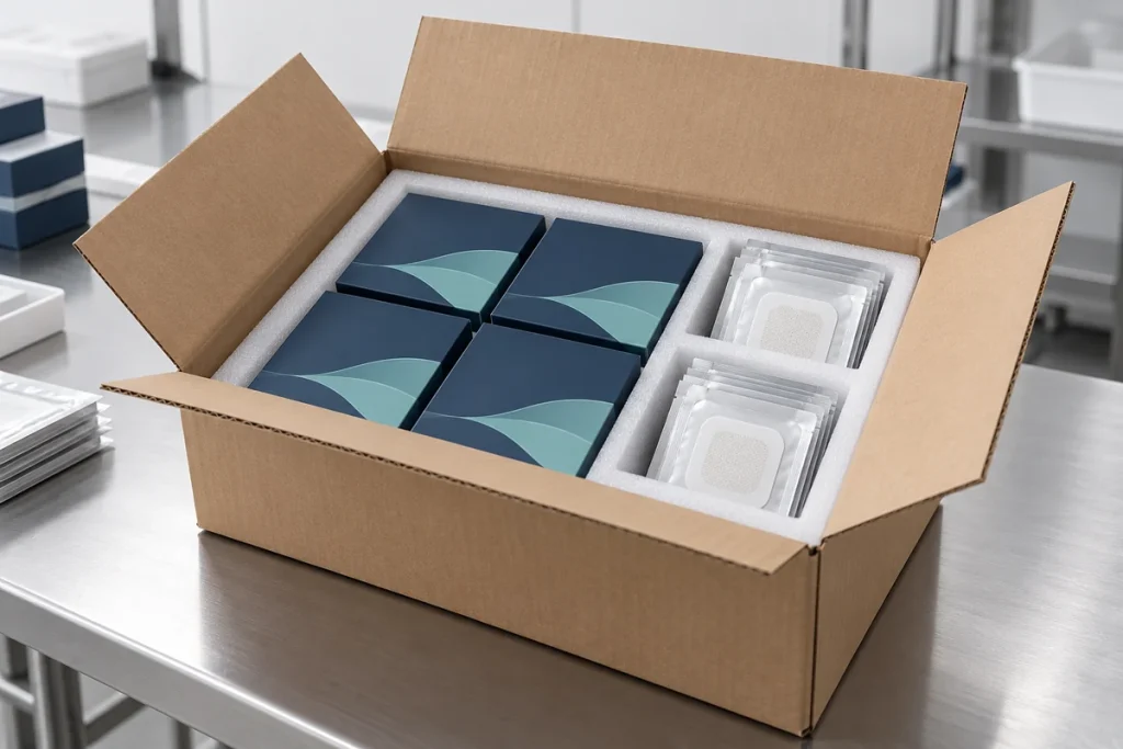 Illustrative protected shipping carton for microneedle patch packs