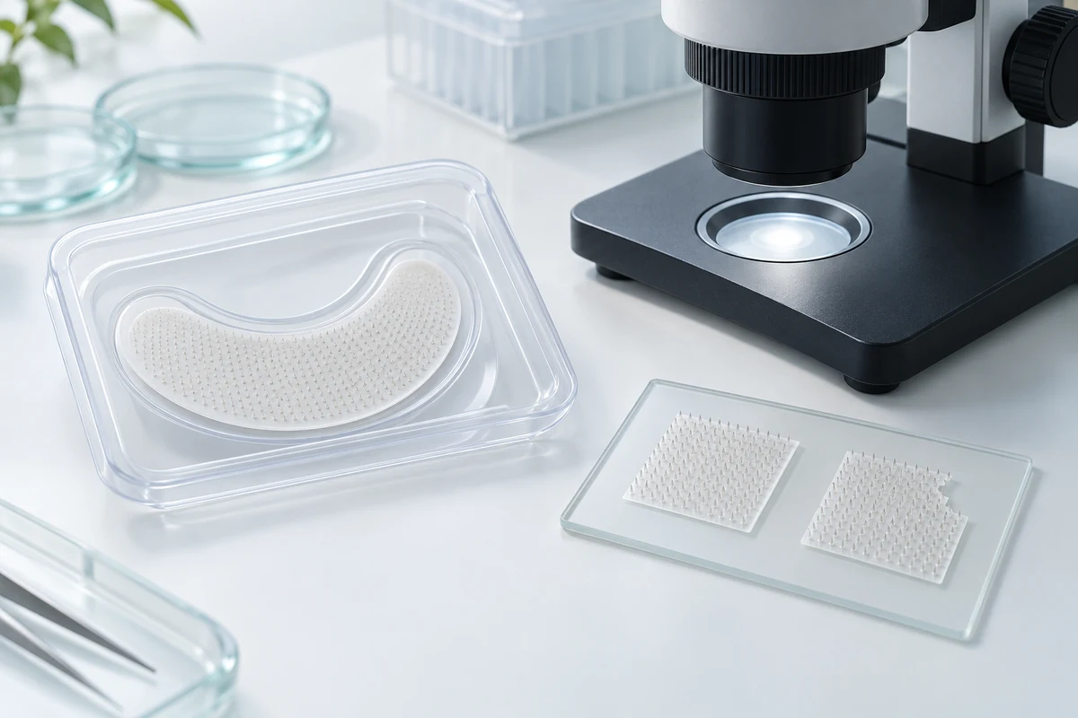 AI-generated concept of peptide microneedle patch arrays on a clean quality-control bench