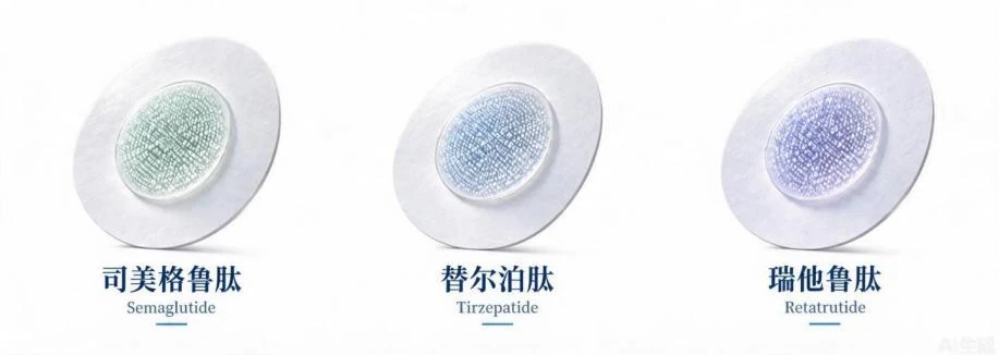 Source presentation concept renders labeled semaglutide, tirzepatide and retatrutide