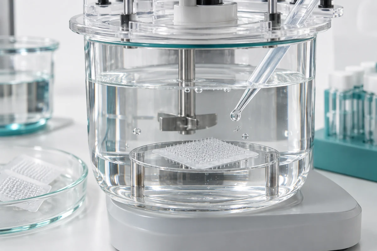 Concept illustration: Dissolution Testing for Peptide Microneedle Patches